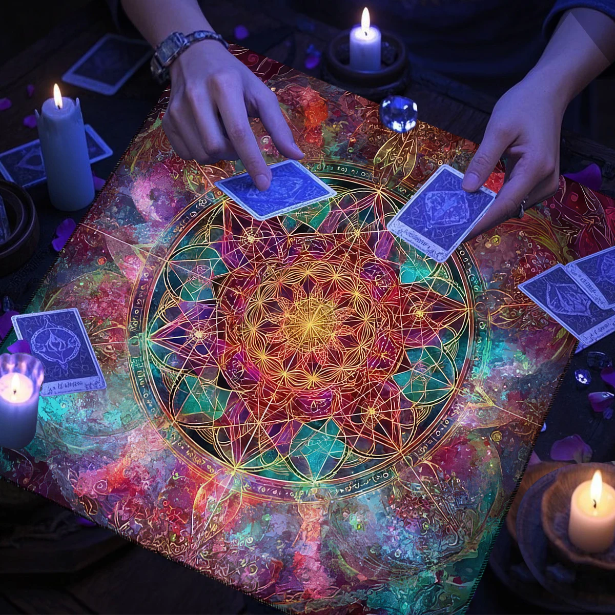 Mantel de Tarot de Mandala místico, tela de Altar de flor de la vida vibrante para adivinación, lectura de Tarot, decoración espiritual para el hogar, estera de Tarot