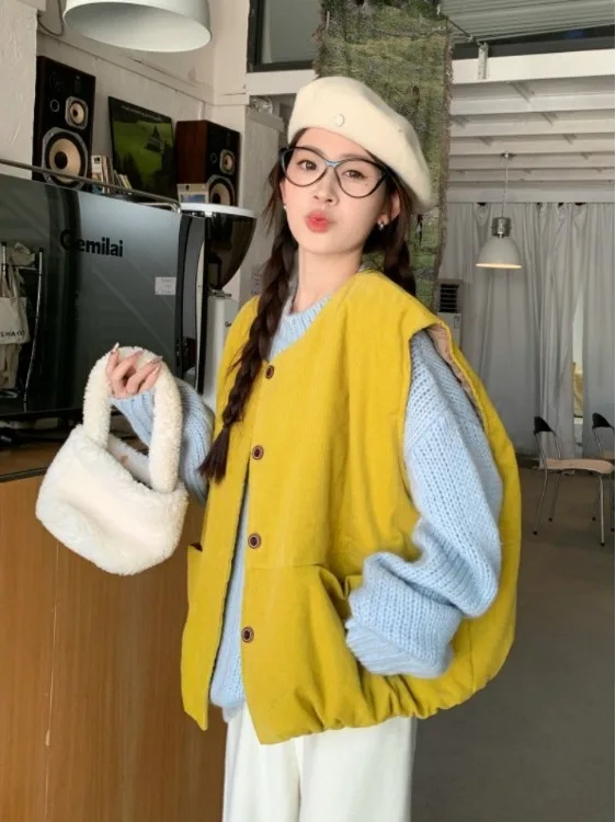 

Retro Japanese Yellow Corduroy Vest Jaet Women's Loose oulder Open Cardigan Outerwear Layering Autumn Winter Faion