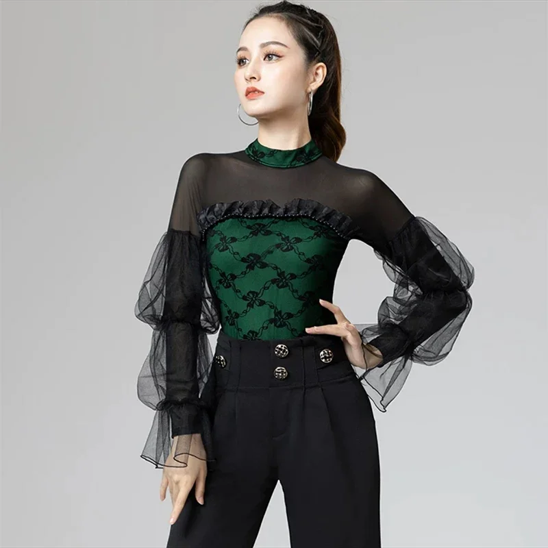 New 2024 Latin Dance Lantern Long Sleeved Waltz Practice Suit National Standard Modern Dance Chacha Top Women's Jumpsuit