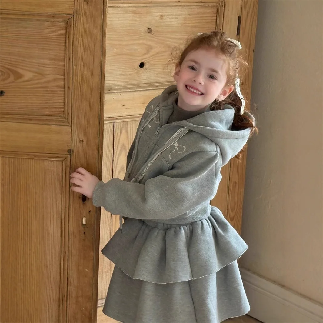 

Children Girls Two Peice Set New Winter Thick Warm Bow Embroidery Hooded Kids Girls Sweatshirt+elastic Waist Toddler Girls Skirt