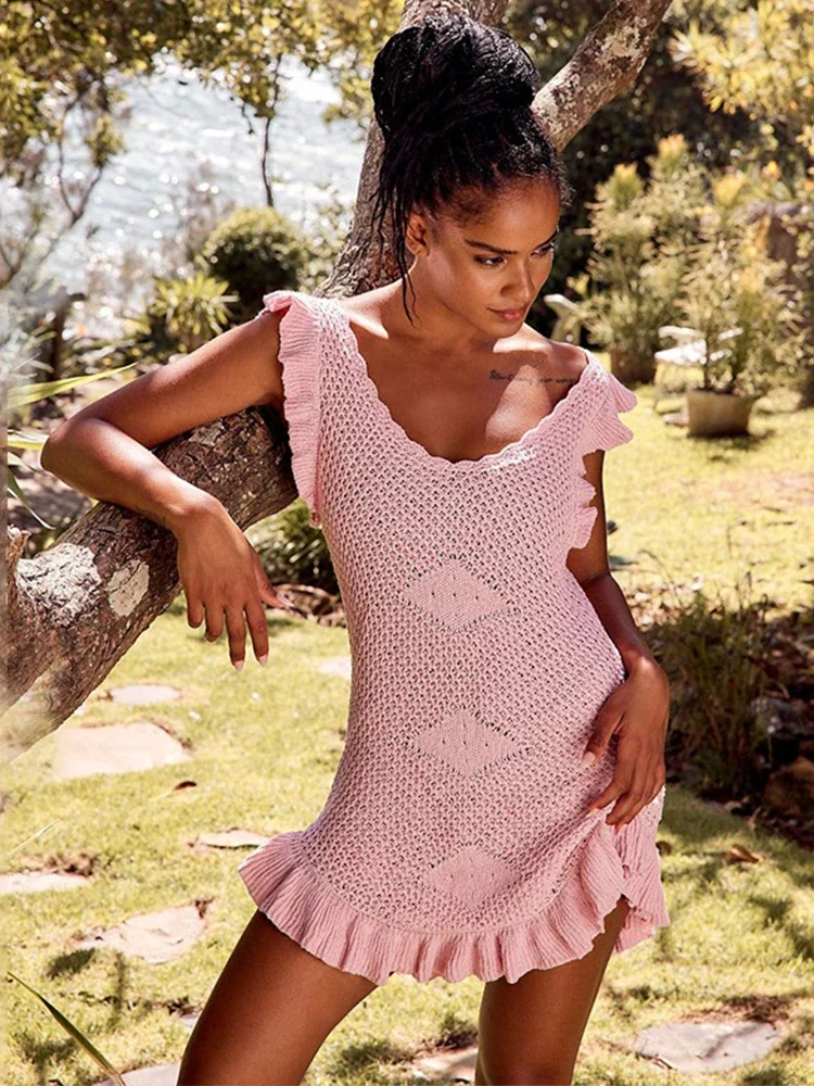 

Новое модное белое вязаное крючком пляжное мини-платье с рюшами, сексуальная женская шикарная пляжная одежда, накидка на бикини, туника A2878