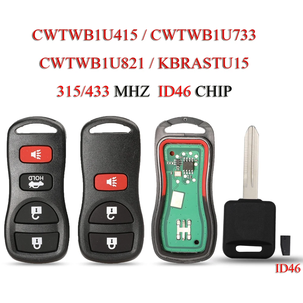 Jingyuqin kbrastu15 remoto chave do carro inteligente para infiniti i35 g35 nissan altima maxima sentra titan id46 chip 315/433mhz cwtwb1u415