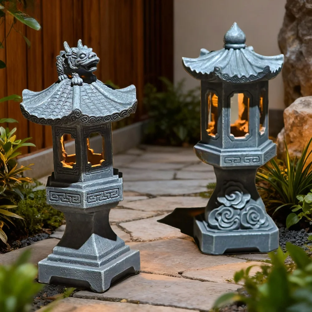 for zen Solar Pagoda Lantern Outdoor Resin Garden Decor with Waterproof Sun Protective Coating Solar Powered Lighting for Patio