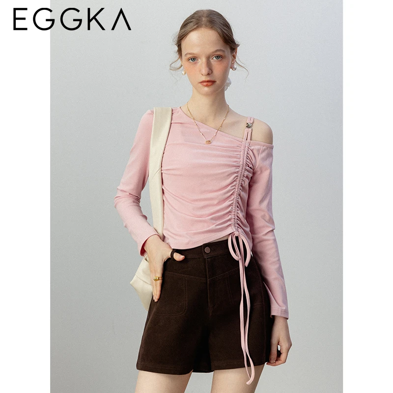 EGGKA Autumn Slanted Shoulder Tops Women Lady Asymmetric Collar Long-sleeve Tops Female Slim T-shirts Korean Fashion Black Tees