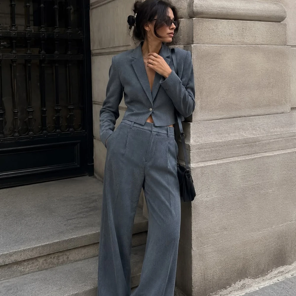 Minimalist Women Grey Suit Single Button Notched Lapel Cropped Jacket+Pants 2 Piece Set Luxury Office Female Matching Outfit