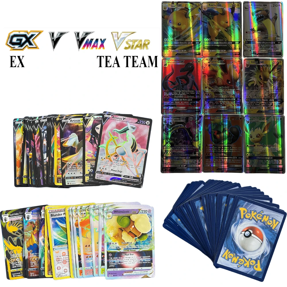 

54-200 PCS Pikachu Charizard Bulbasaur Pokemon Trading Flash Cards French English German Korean Spanish Versions V GX VMAX VSTAR