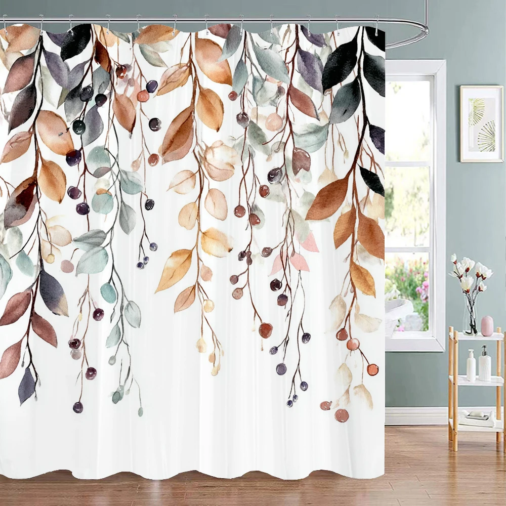 

Modern Plants and Leaves Shower Curtain, Botanical Leaf Bathroom Decor Shower Curtain, Waterproof Shower Curtain with Hooks