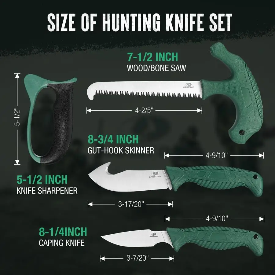 Field Dressing Kit, 4 Pcs Hunting Knife Set with Portable Sheath, GutHook Skinner, Caping Knife, Wood Bone Saw, Knife Sharpener,