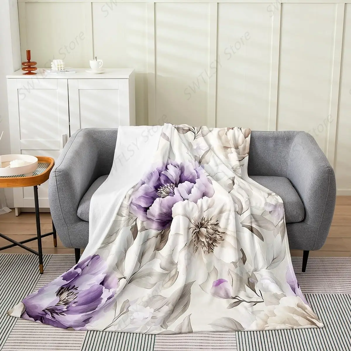 

Purple Beige Floral Fleece Throw Blanket Ultra-Soft for Couch Sofa Bed,Garden Flower Flannel Blanket,Elegant Flower Fuzzy Plush