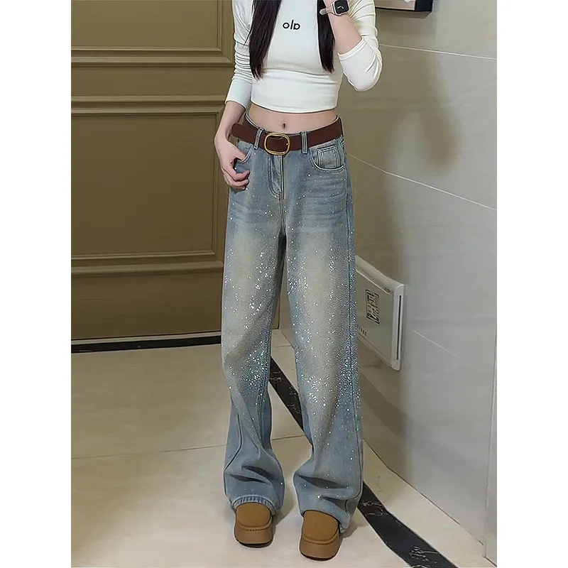 

Light Blue High Waist Wide Leg Denim Jeans Women's Fce Lined Spring New Slim Straight Cut Trousers Star Pattern