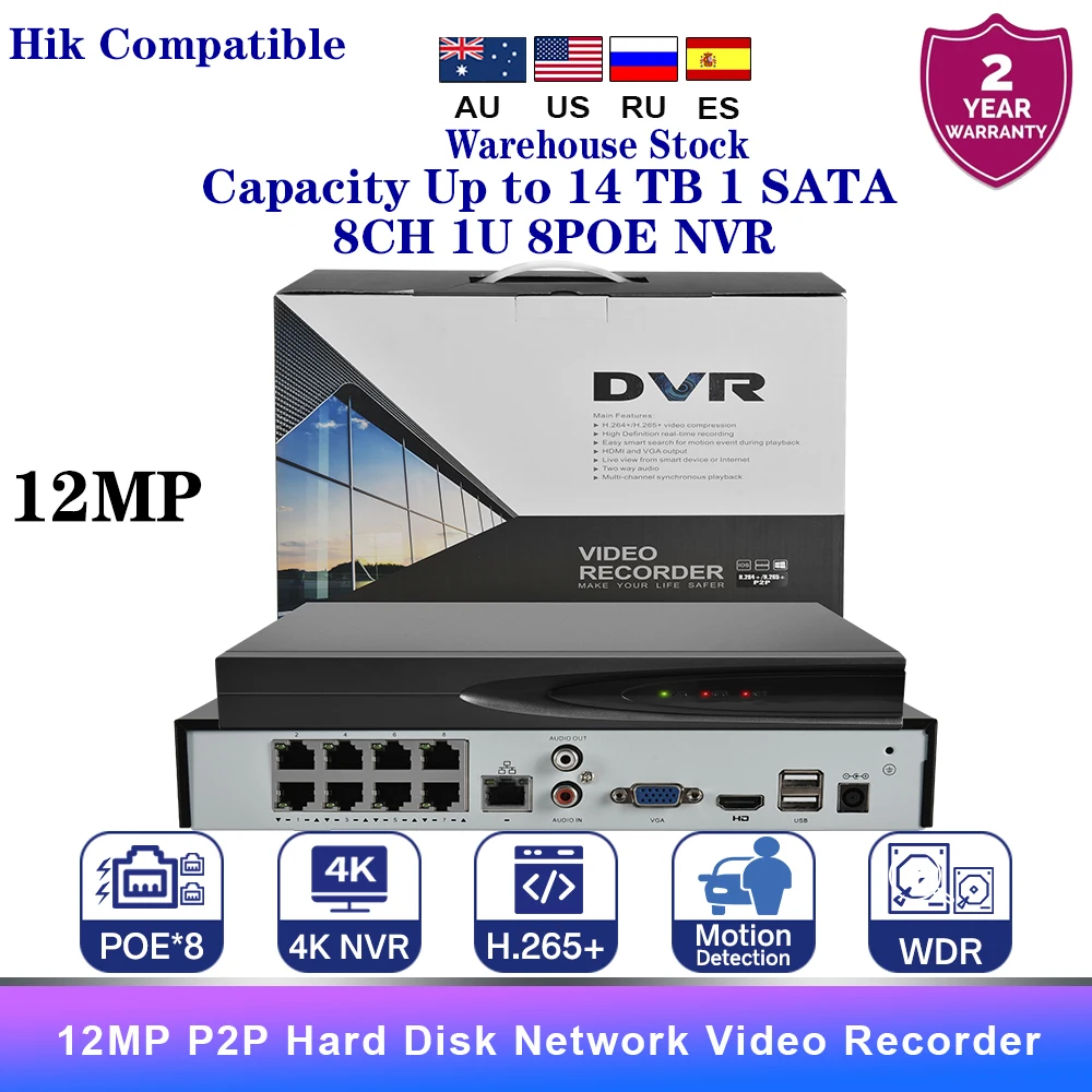 4K NVR UP to 12MP Security CCTV Security System 8ch 8POE with Hard Disk Network Video Recorder Support Two way Communication