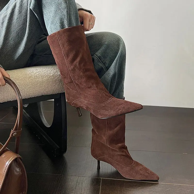 MORAZORA Size 34-43 New Cow Suede Leather Mid Calf Boots Women Shoes Pointed Toe Slip On Pleated High Heels Half Fashion Boots