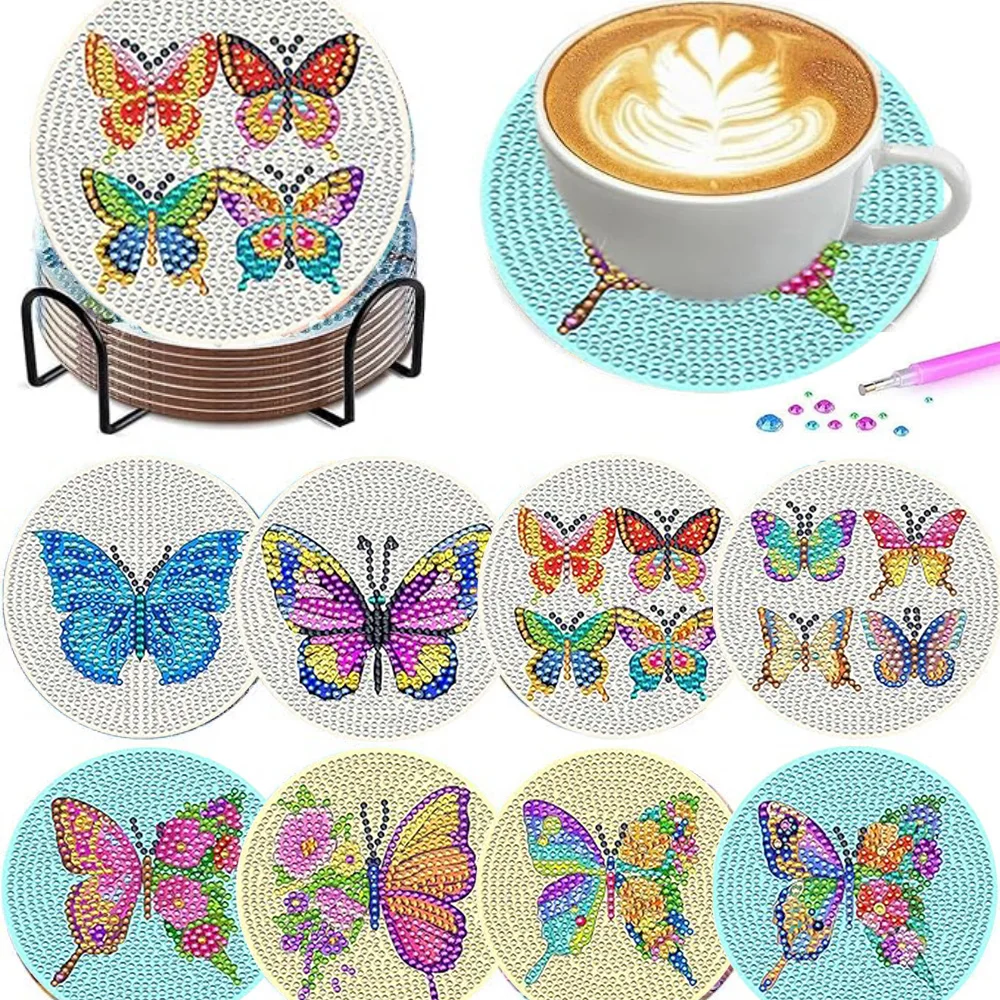 Resin Art Coasters - 8 Stück/Set mit Halterung, Diamant-Mal-Untersetzer, DIY-Schmetterlings-Serie,