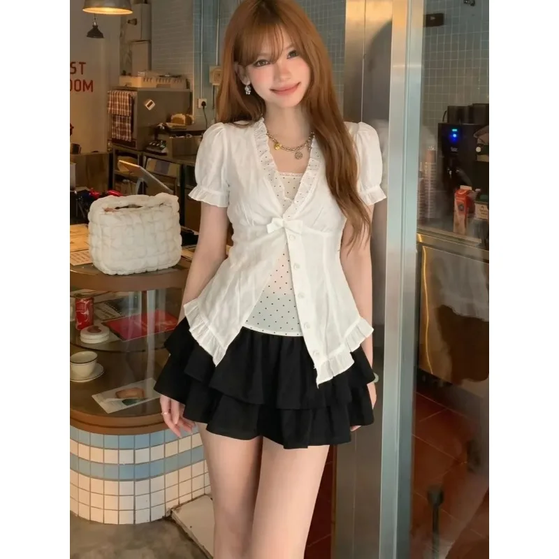 Korean Sweet Girl White Short Sleeve Bow Blouse Chic Black High Waist Ruffle Mini Skirt Casual Summer Beach Y2k Harajuku 2pcs
