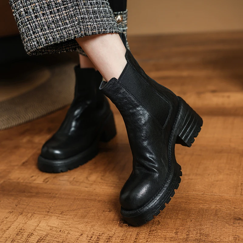 

2025 Platform Boots Handmade Warm Winter Shoes Ladies Horsehide Retro Shoes Round Toe Elastic Band Women Ankle Boots Thick Heel