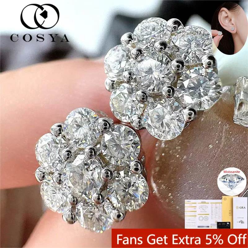 

COSYA 0.84/1.4ct Flower Moissanite Stud Earrings for Women GRA Certified 925 Sterling Silver 7 Stones Diamond Cluster Jewelry