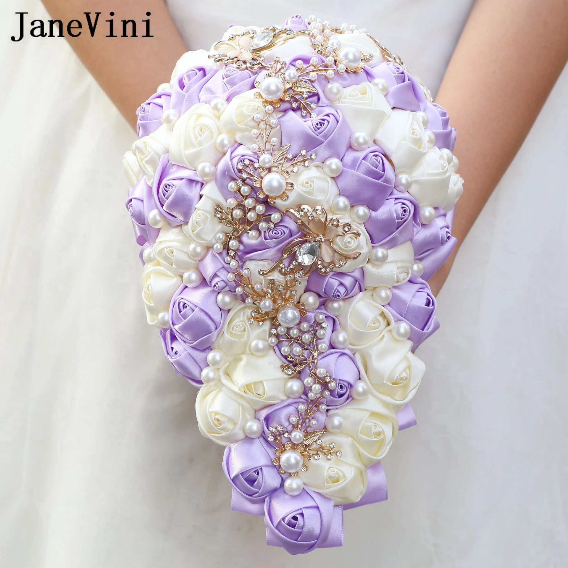 

JaneVini Braut Accessories Lilac Purple Waterfall Wedding Bouquet Bride Satin Flower Pearls Crystal Cascading Bridal Bouquets