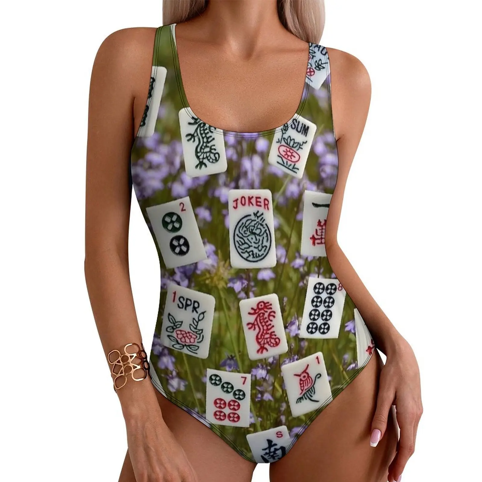 Wildflower Mahjong Print Swimsuit  One Piece Swimwear Push Up Fantasy Bathing Suit Sexy Beach Graphic Bodysuit