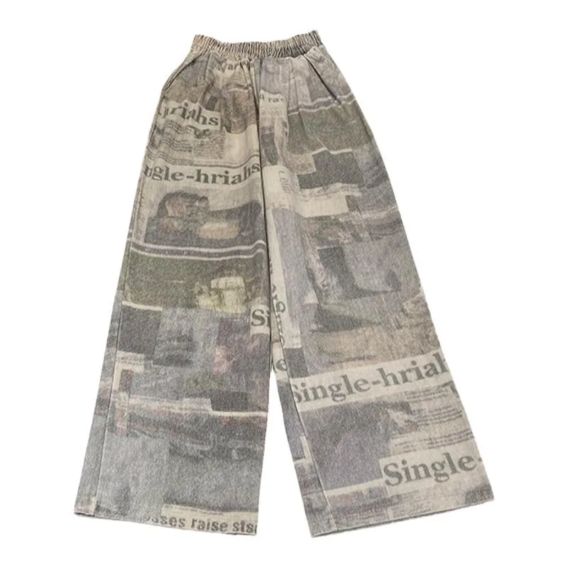 Summer 2024 Women's High Waist Straight Leg Pants Long Draping Graffiti Hong Kong Style Casual Floor-Length Trousers