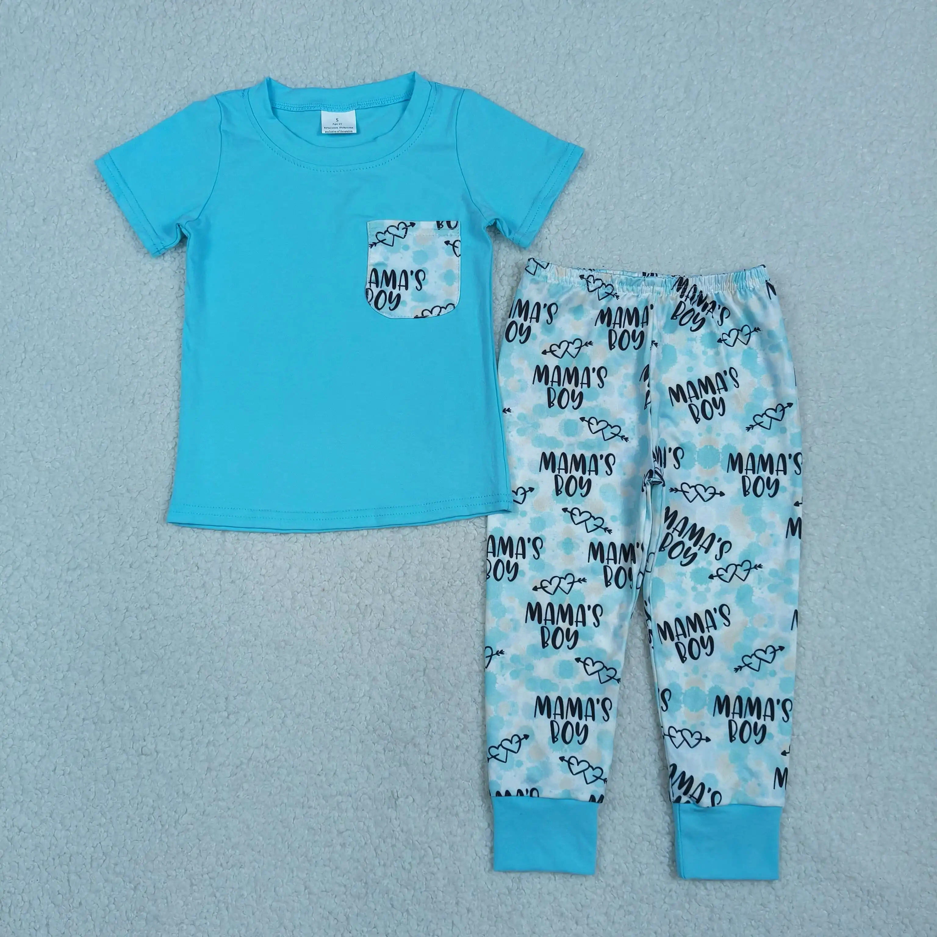 

Wholsale Baby Boy Outfit Kids Short Sleeves Pocket Mama's Shirt Set Toddler Children Pants Blue Clothes