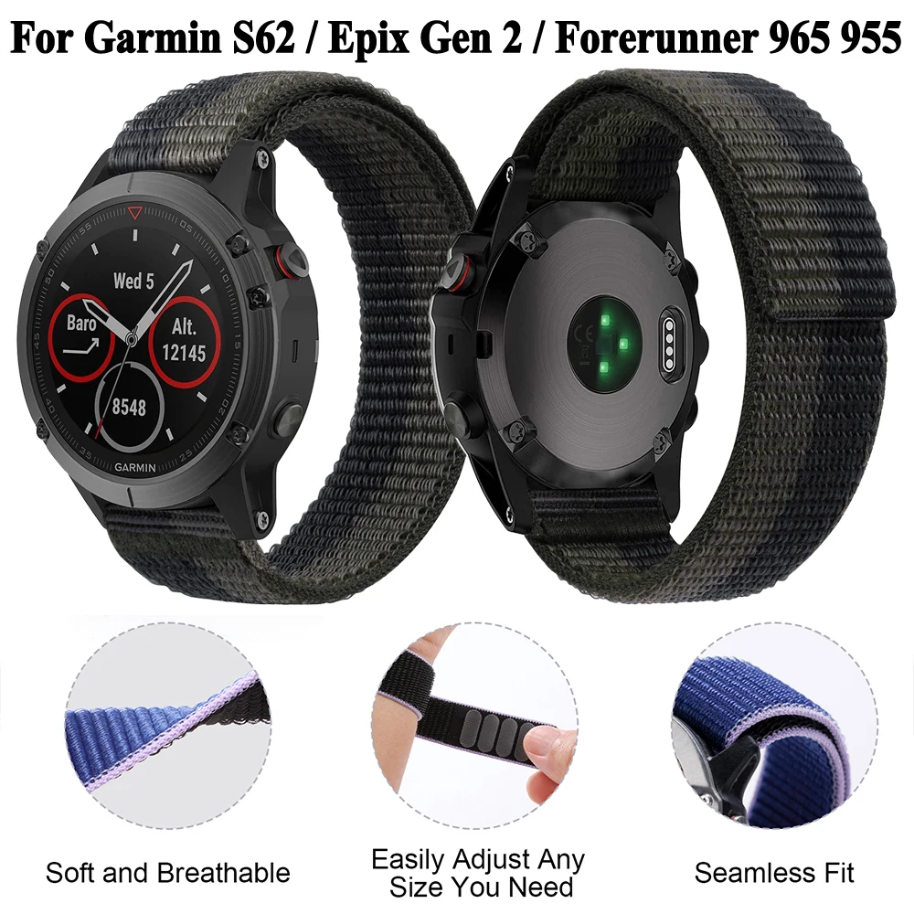 Hook Loop Nylon Strap For Garmin S62 / Epix Gen 2 / Forerunner 965 955 Solar 945 LTE 935 Watchband 26mm 22mm Bracelet Wristbands