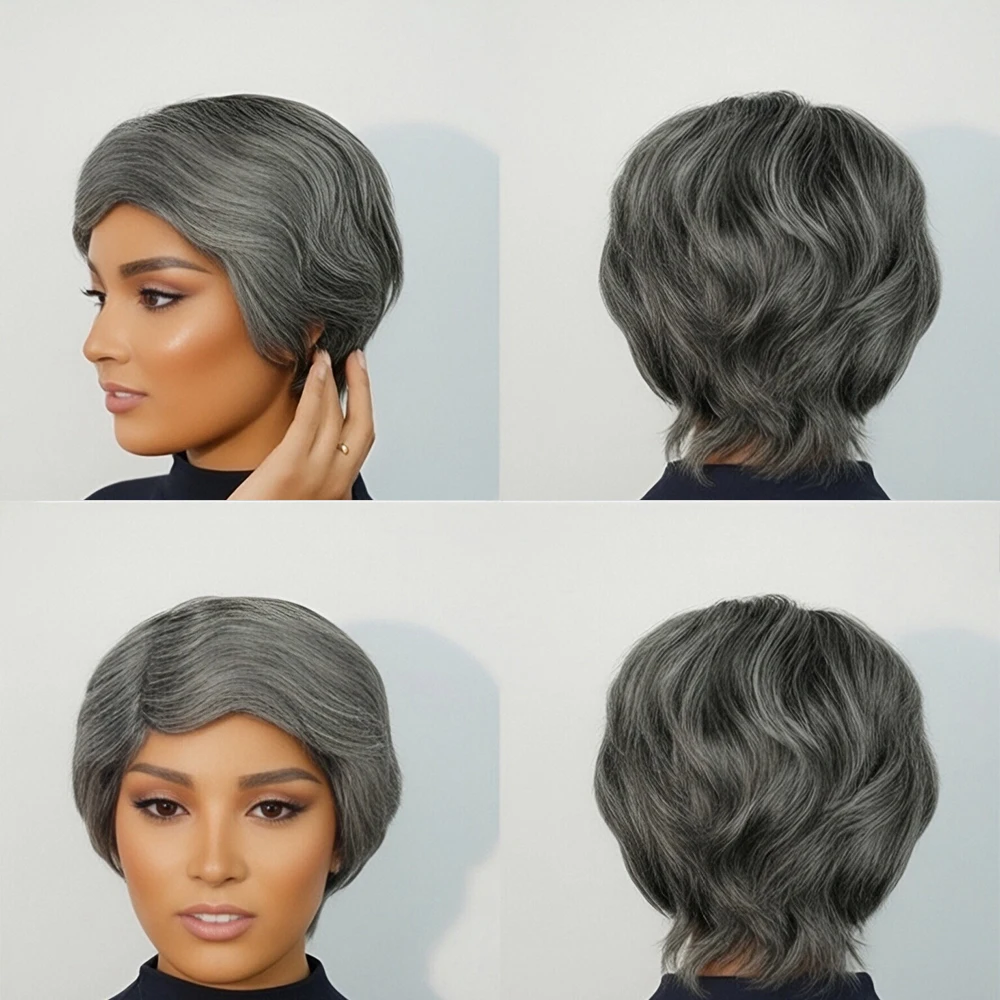 رمادي قصير عابث قطع شعر مستعار إصبع موجة خصلات الشعر المستعار الإنسان مع خط الشعر قبل قطعها للنساء شعر برازيلي كامل آلة صنع شعر مستعار #4