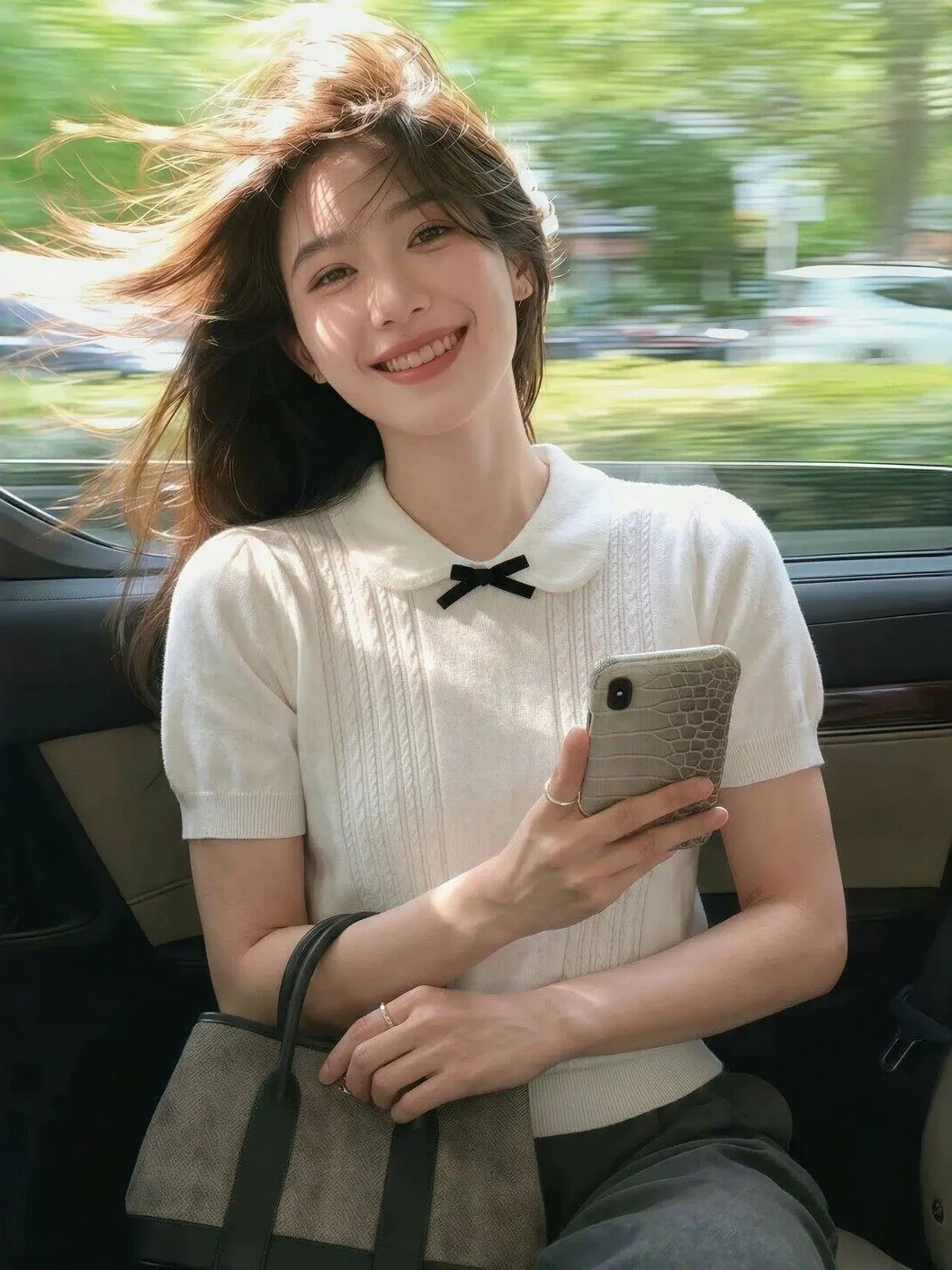 

Sweet Short Sleeve Knitted T-Shirt with Bow Bubble Sleeve Doll Collar Women's Fashion Commute Style Medium Softness Korean Ve...