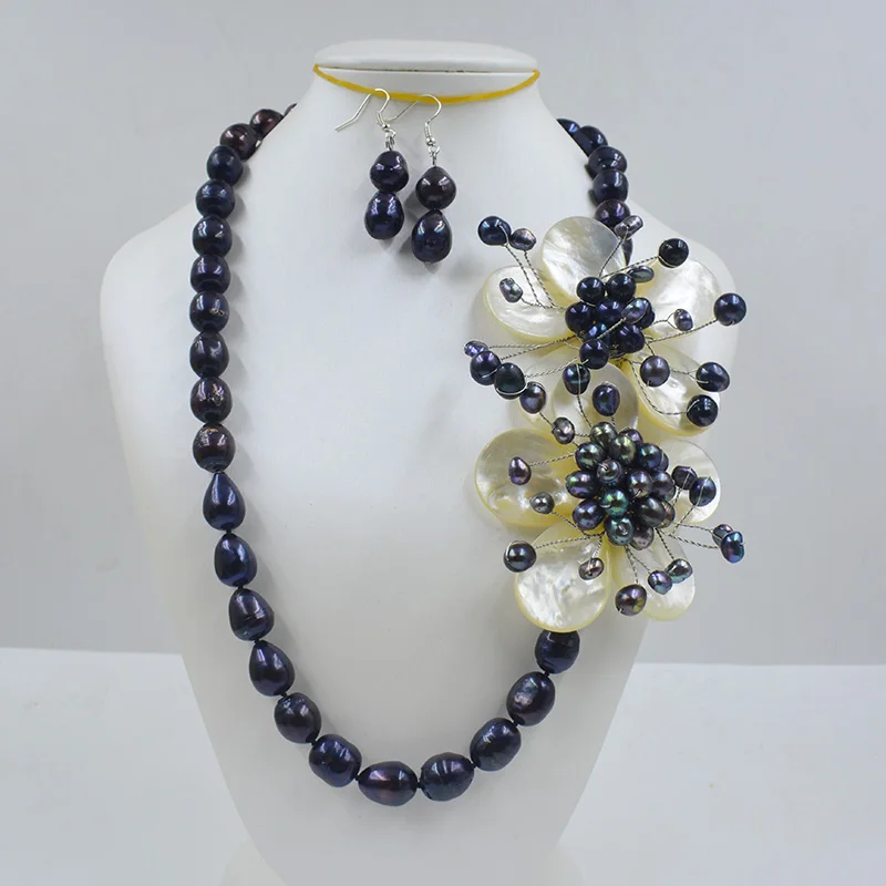11-12MM Giant Natural Freshwater Pearl Handmade Woven Shell Flower Necklace Earring Set 20”