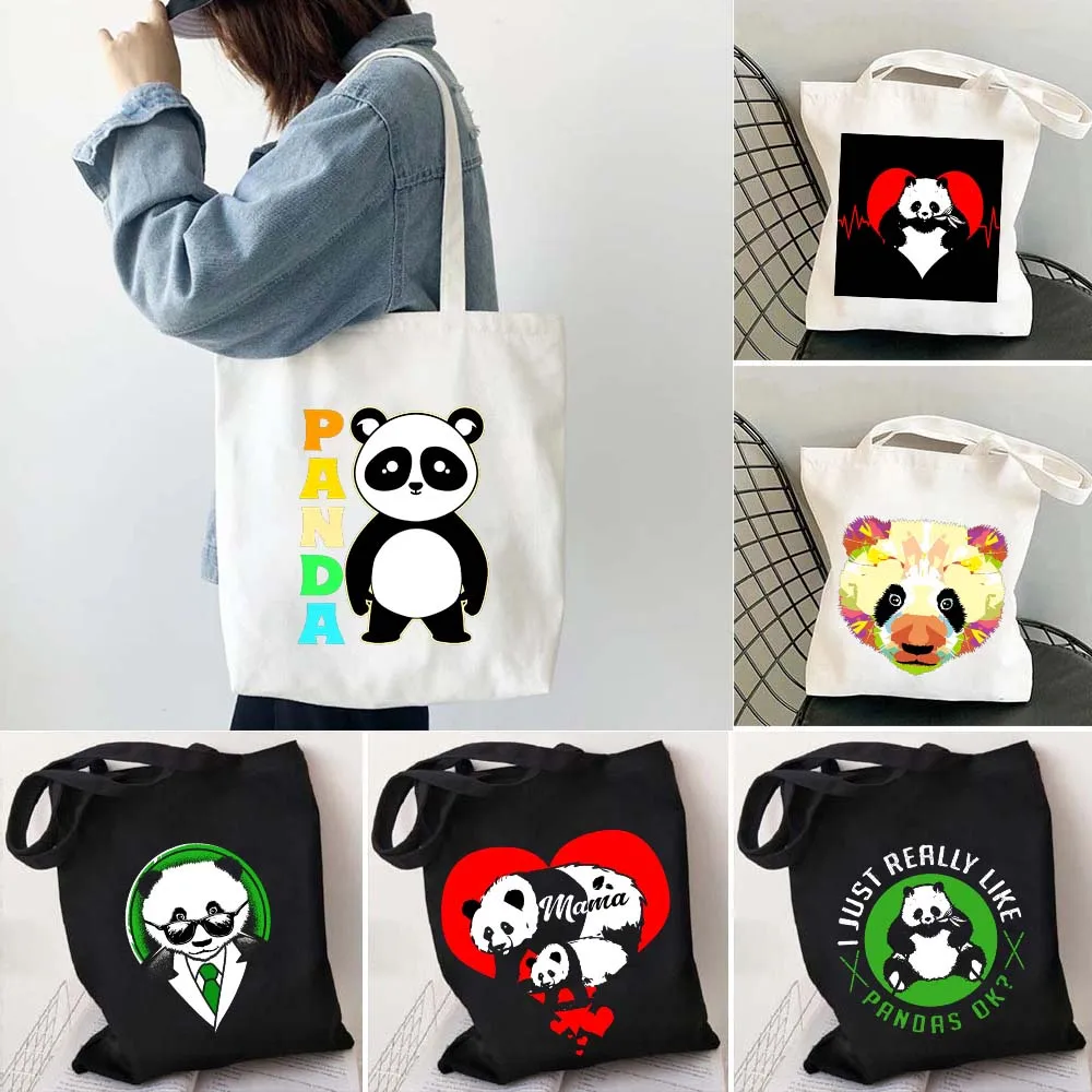 Buntes Panda-Gesicht, niedliche Familientasche, Baby-Bambusbär, Herzschlag, Sonnenbrille, Segeltuch, Schultertasche, Shopper, Baumwolle, Öko-Handtasche
