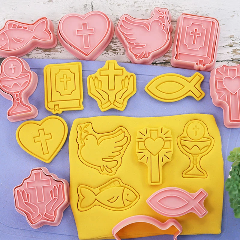 8Pcs Christian Communion Cookie Cutter Plastic 3D Cartoon Cross Love Fish Chalice Pressable Biscuit Stamps Mold Cake Decoration