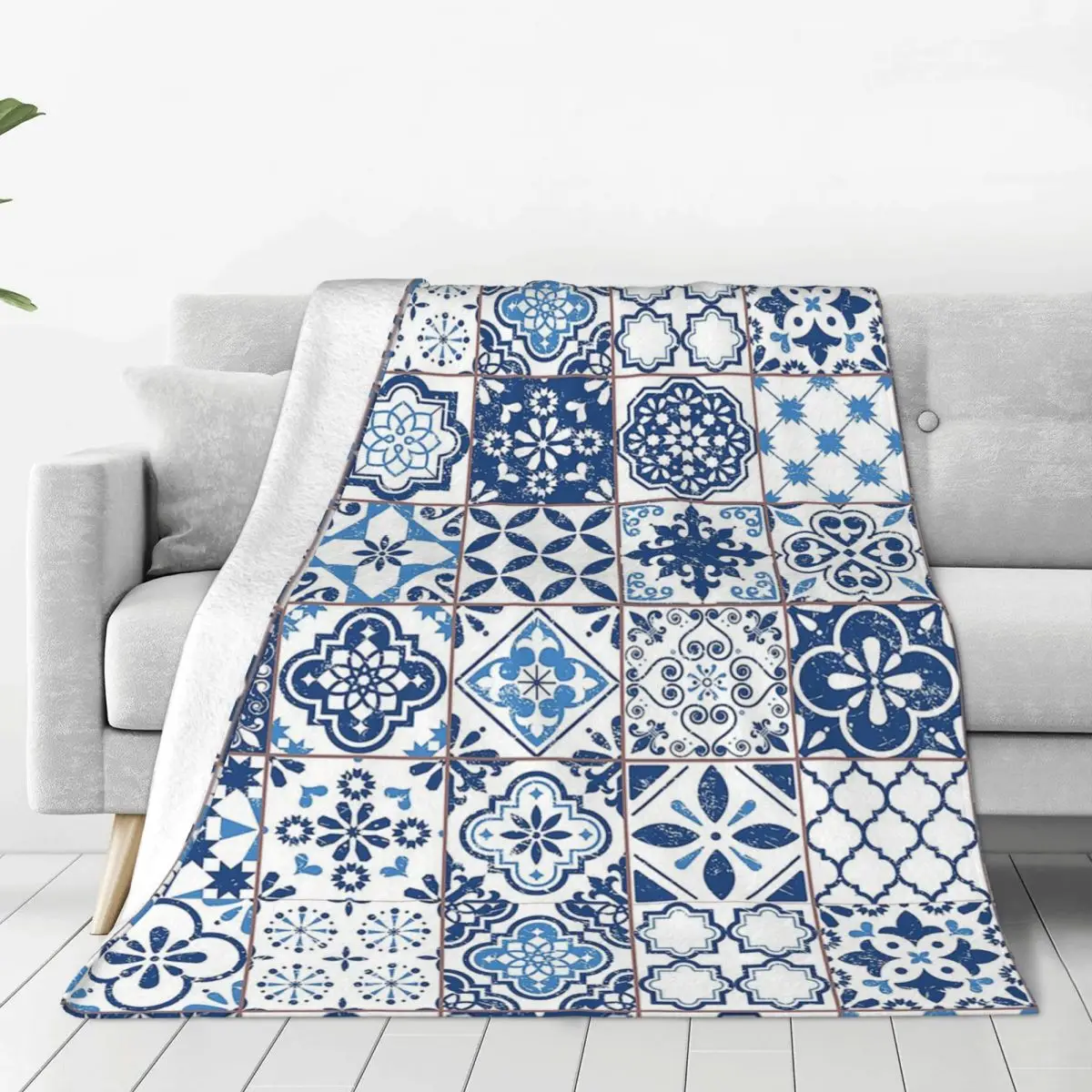 Portuguese Azulejos Blanket Soft Warm Flannel Throw Blanket Bedspread for Bed Living room Picnic Travel Home Couch