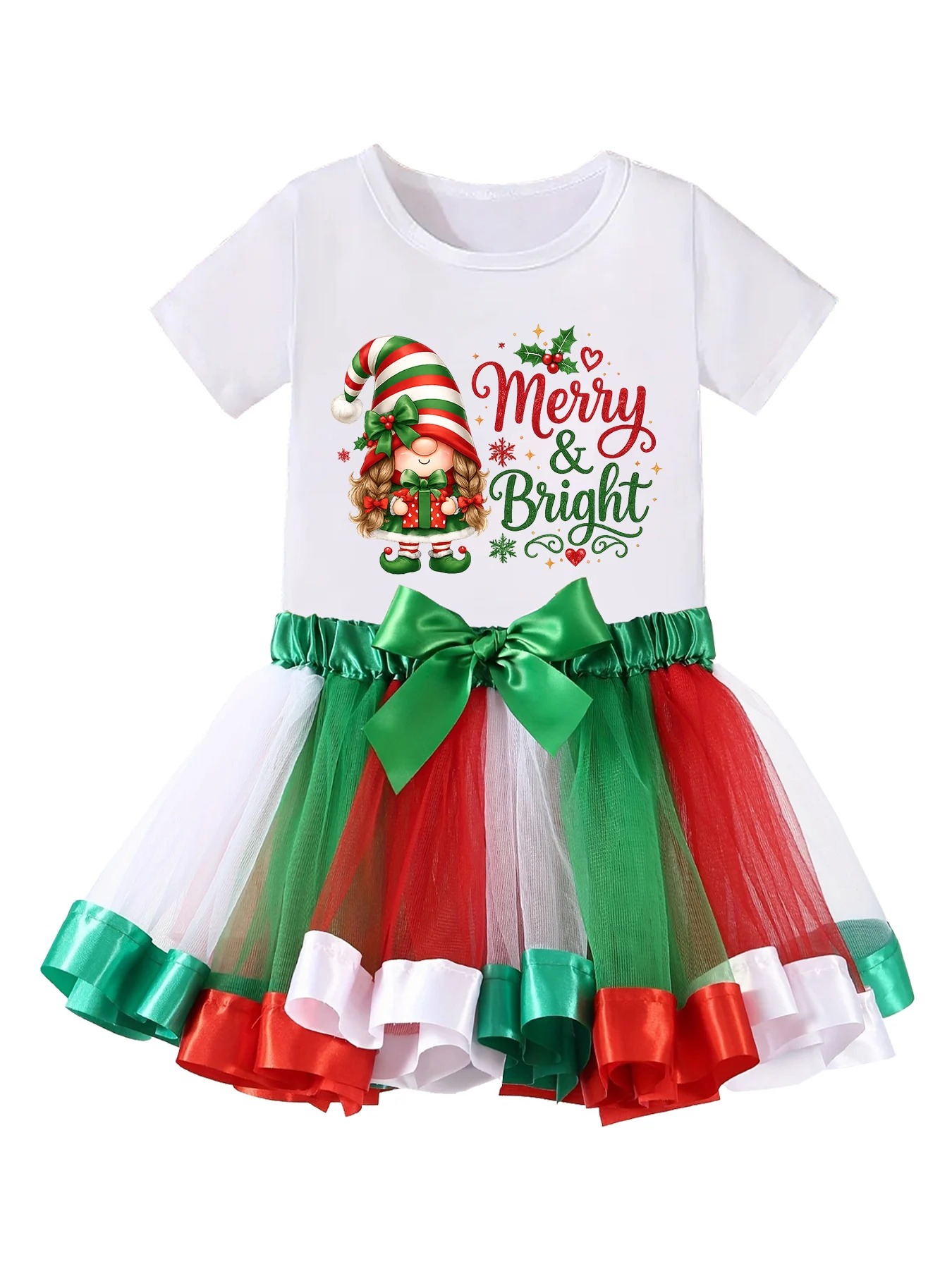 Girls Christmas Outfit Set Merry Bright Gnome Print Short Sleeve T-Shirt Red Green Tulle Tutu Skirt Toddler Kids Xmas Party Cost