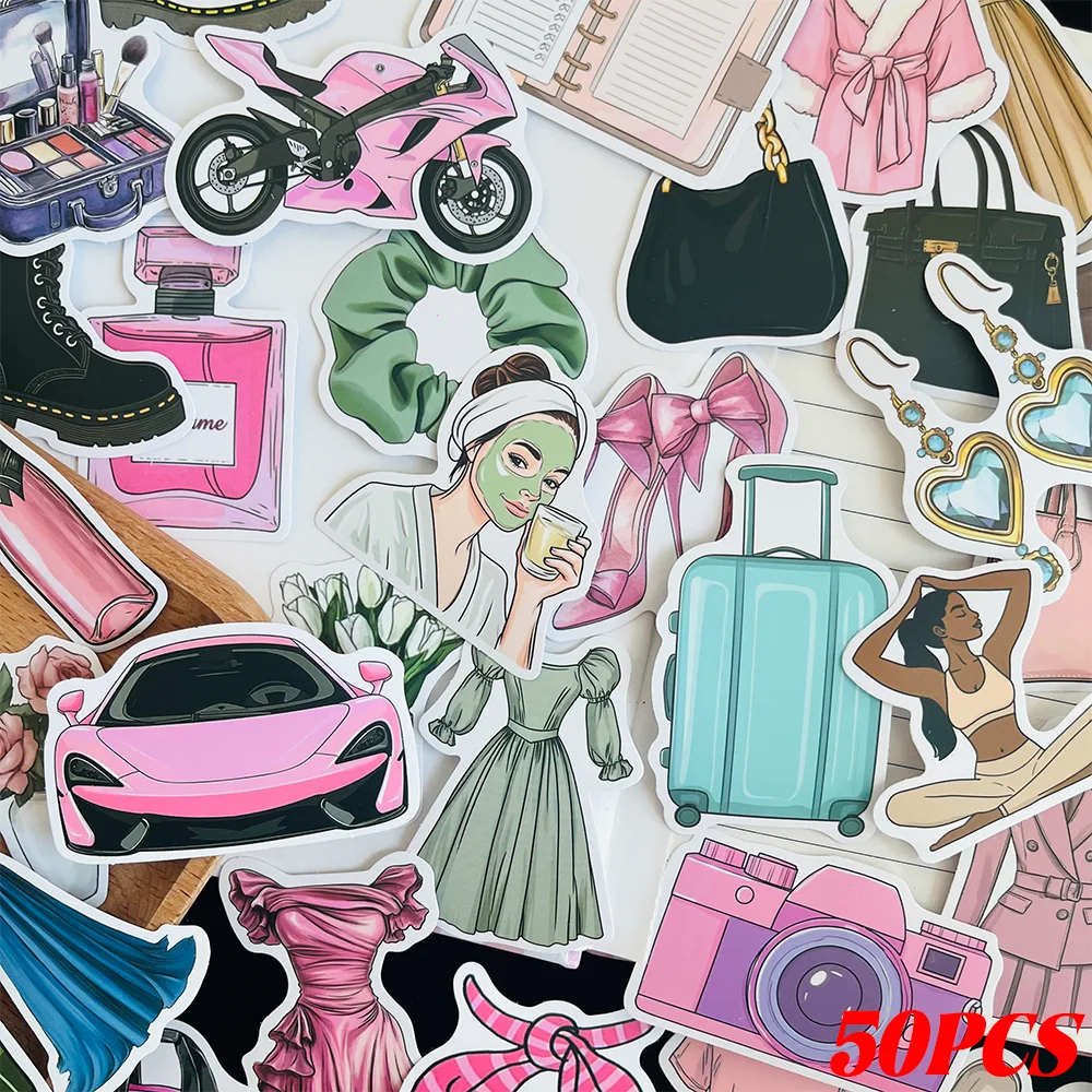 50PCS Pink Delicate Girl Stickers Fashionable, Unique, Creative DIY Decorations Scrapbook & Notebook Guitar Water Bottle Decals