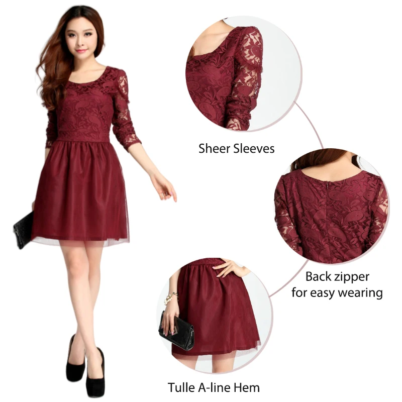 Vestido de encaje con mangas transparentes para mujer Vestido negro adelgazante y elegante