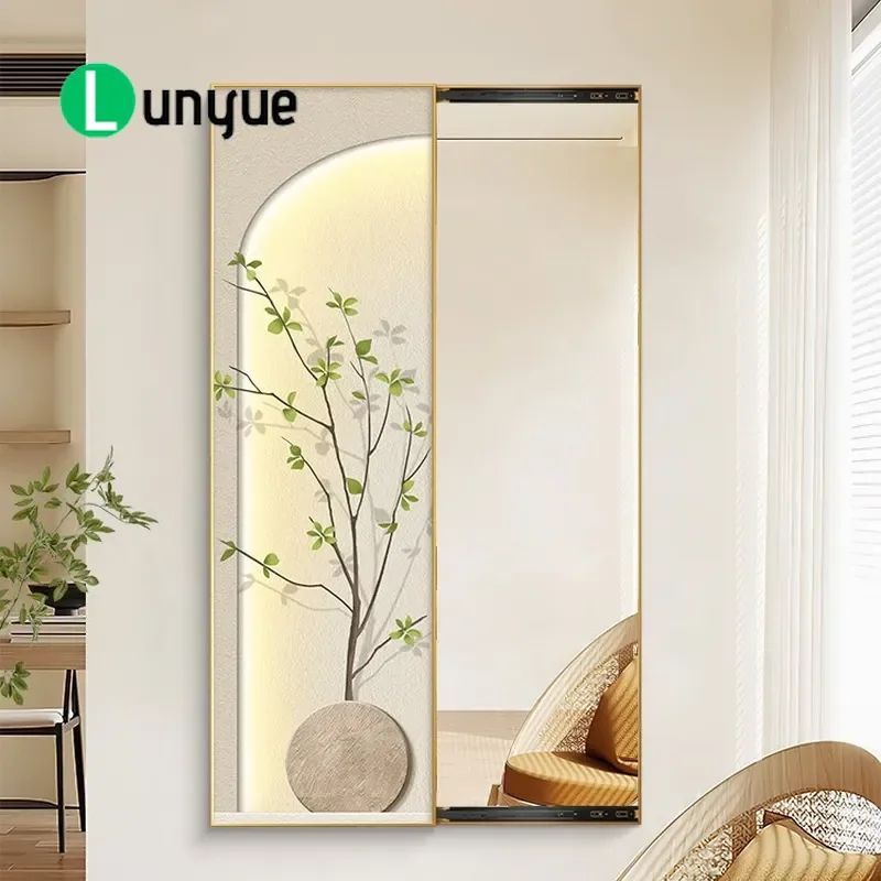 Push Pull Hidden Full Length Mirror Dressing Painting Creamy Style Wall Art Decor for Living Room Bedroom Porch Space Saving