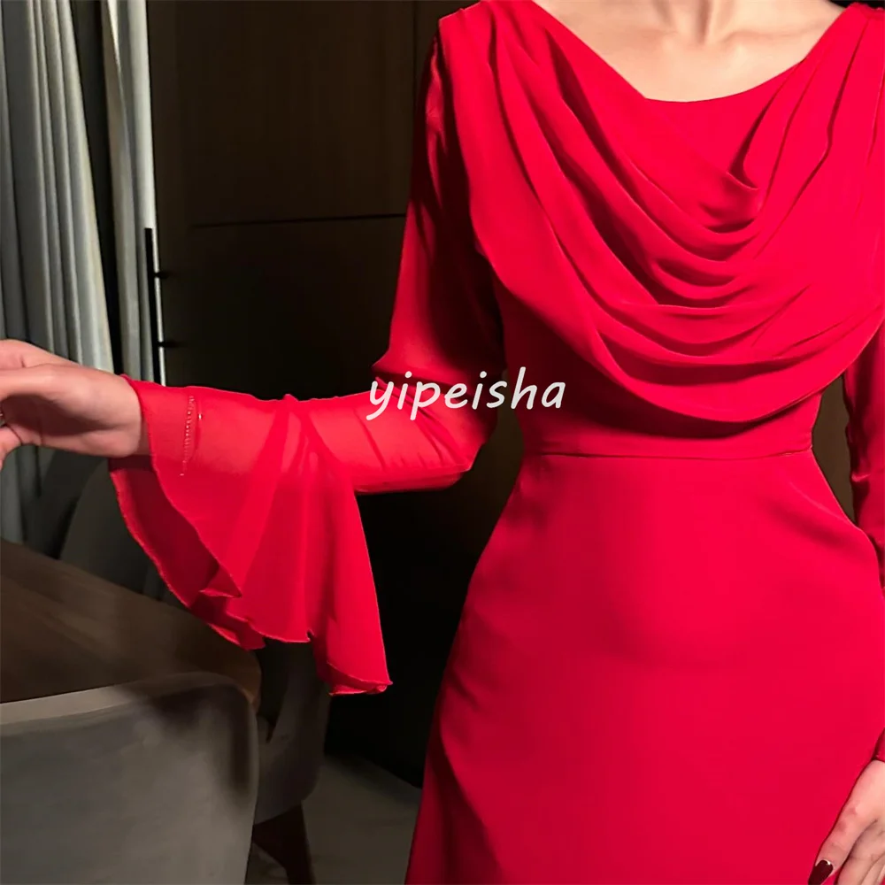 Tamanhos personalizados disponíveis simples jérsei plissado ruched a linha colher pescoço midi vestidos sob medida ocasião vestidos combinando clássico