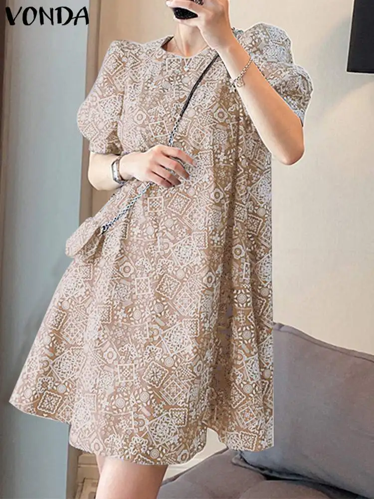 

VONDA Women Summer Mini Sundress 2024 Vintage Printed Beach Dress Fashion Bohemian Short Puff Sleeve Elegant Casual Loose Robe