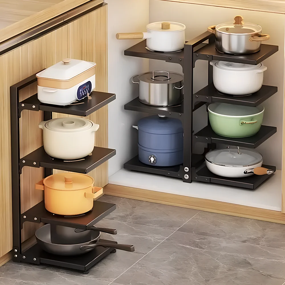 Kitchen Storage Shelves Pot Holder Multilayer Frying Pan Rice Cooker Seasoning Storage Rack Adjustable Organizer Rack