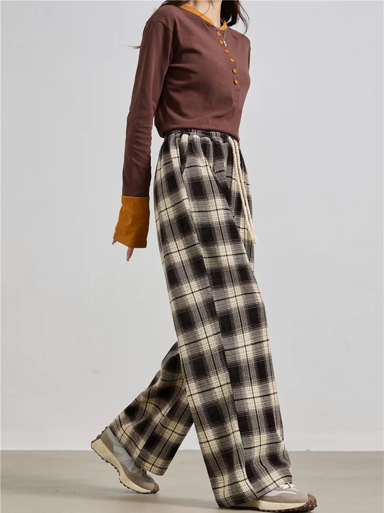 Thi الدافئة منقوشة واسعة الساق السراويل خمر Sle عالية الخصر مستقيم قطع عارضة السراويل للنساء الخريف الشتاء Faion