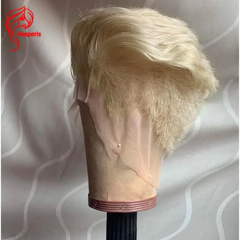 Hesperis Men Wigs Shaved Cut Short 613 Color Full Lace Human Hair Wigs For Men Pre Cut Remy Hair Short Wigs 613 Blonde Full Lace