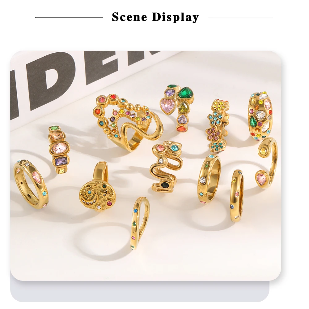 MamacitaSlay 316L Stainless Steel Multicolored CZ Stackable Ring 18K Gold Plated Vintage Waterproof Jewelry For Women Daily Wear