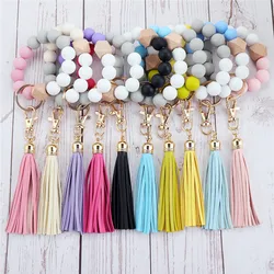 1pcs Silicone Wood Beads Keychain Keyring For Women Wristlet Bracelet Pendant Keychain With Jewelry Accessories