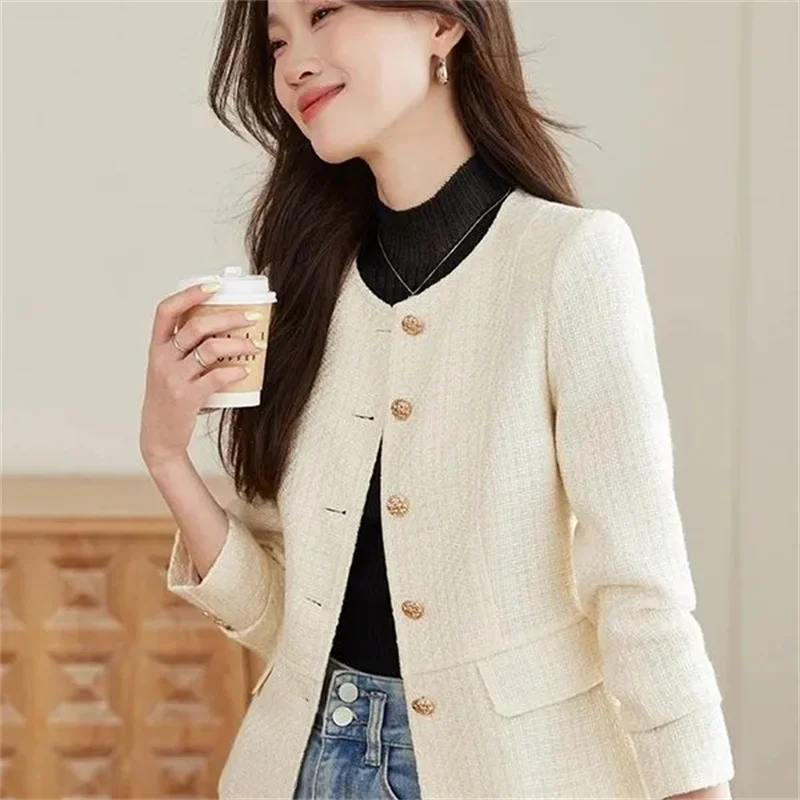 

New Women's Jacket Pink Round Neck Suit Jacket Ladies Long Sleeve High Sense Tweed Small Fragrance Temperament Joker Small Suit