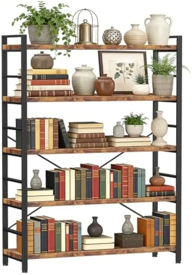Vintage 5‑Tier Freestanding Bookcase, Home Office Bookshelf with Height‑Adjustable Wooden Boards, Multi‑Purpose Storage Organizer for Books, CDs, Movies and Garage Kits, for Bedroom Living Room Kitchen