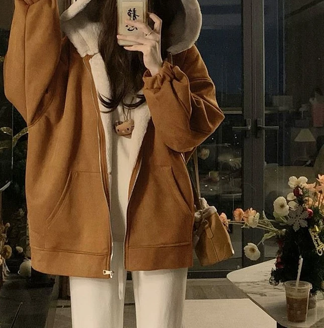 Hooded and Flannel Cotton Coat Women's Lamb Fleece Cotton Coat Winter Jacket