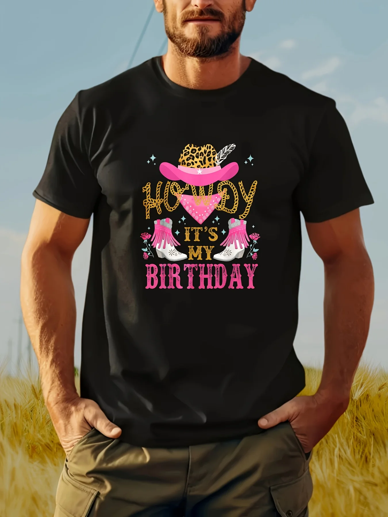 Western Birthday Cowgirl Howdy Graphic T-Shirt -   Soft Black Tee with Pink  Yellow Rodeo Design, Short Sleeve Round Neck Casual Top for Country Parties, Spring Summer Fall Outfits