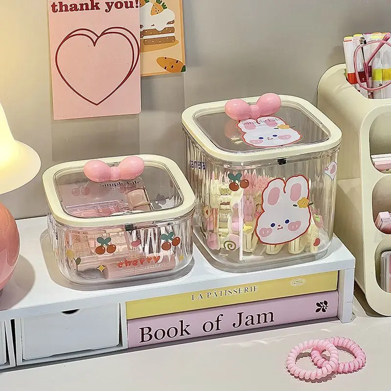 Kawaii Hair Accessories Desktop Transparent Storage Box Organizer with Lid Kids Girl Hairpin Storage Large Capacity Jewelry Box