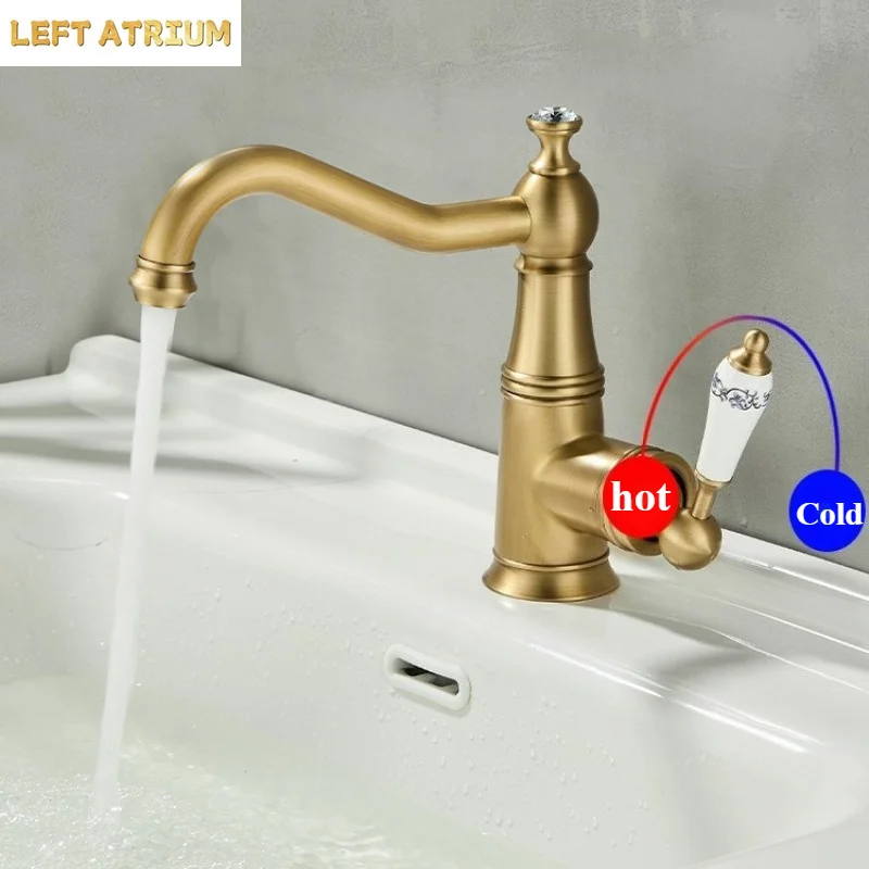 Vintage Brass Luxury-Style Sink Faucet for Bathroom Vanity, Ceramic Sink, Single Hole Hot Aand Cold Faucet with Splash Guard