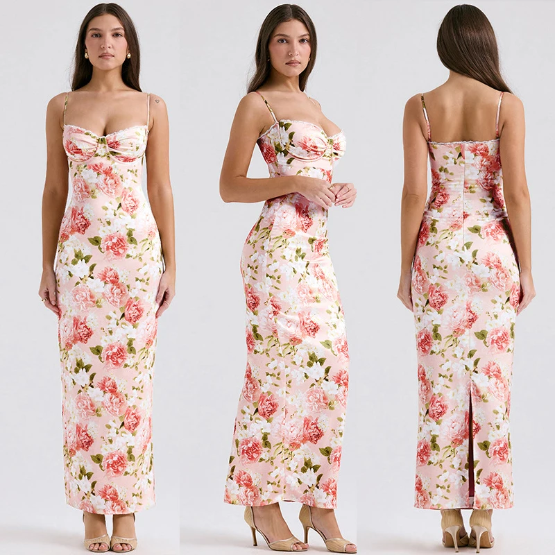 2025 New Sleeveless Floral Slim Fit Women's Dress French Style Elegant Lace Sexy Lady Long Suspender Dress for Women Summer 937