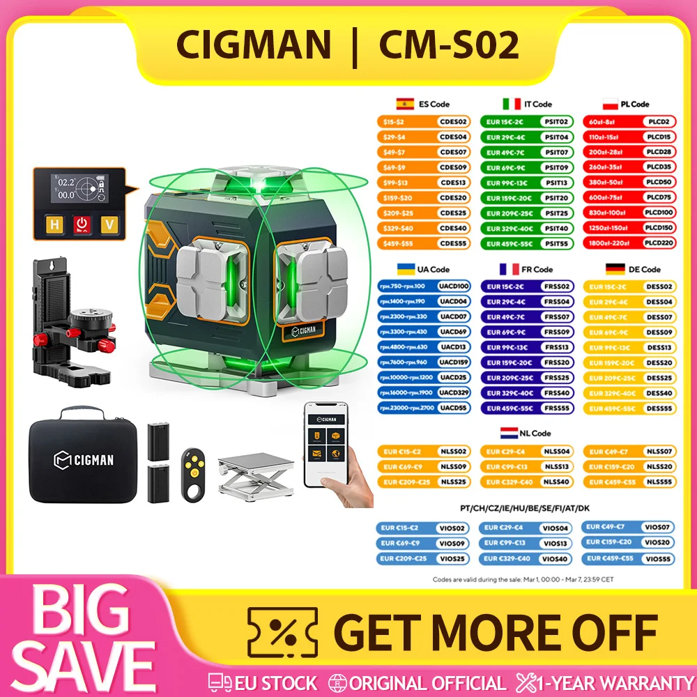 CIGMAN CM-S02 4x360 ° Livella laser a 16 linee, controllo tramite APP, schermo LCD, autonomia ultra prolungata di 40 ore, applicazioni di installazione versatili, comoda funzionamento a distanza,